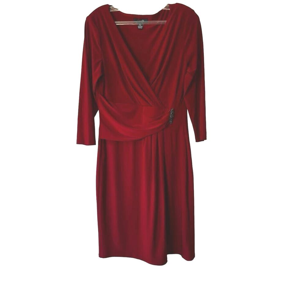 Chaps deep red faux wrap brooch dress large